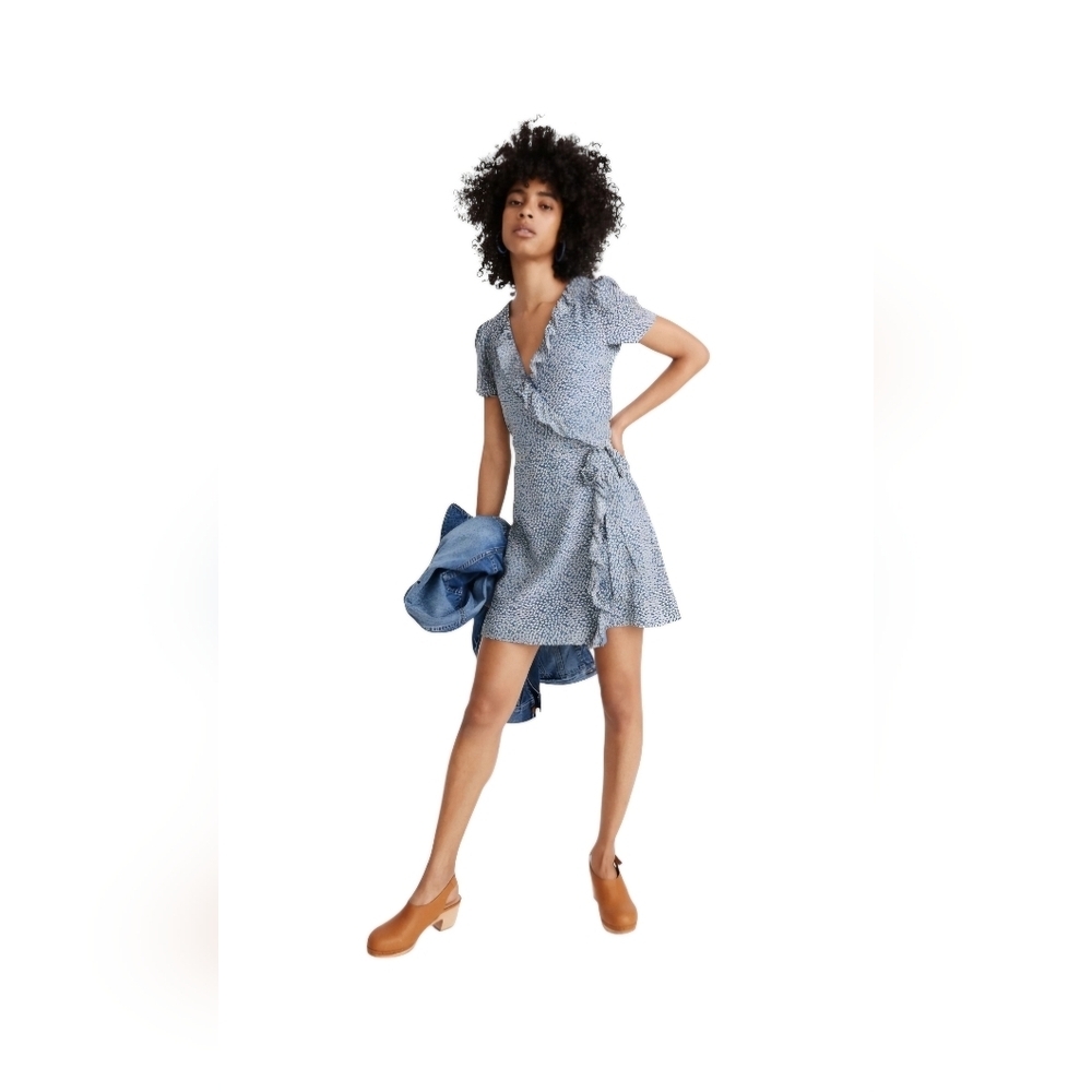 Madewell Silk Blue Floral Ruffle-Edge Wrap Dress in Bitsy Floral size XS EUC - Picture 5 of 7